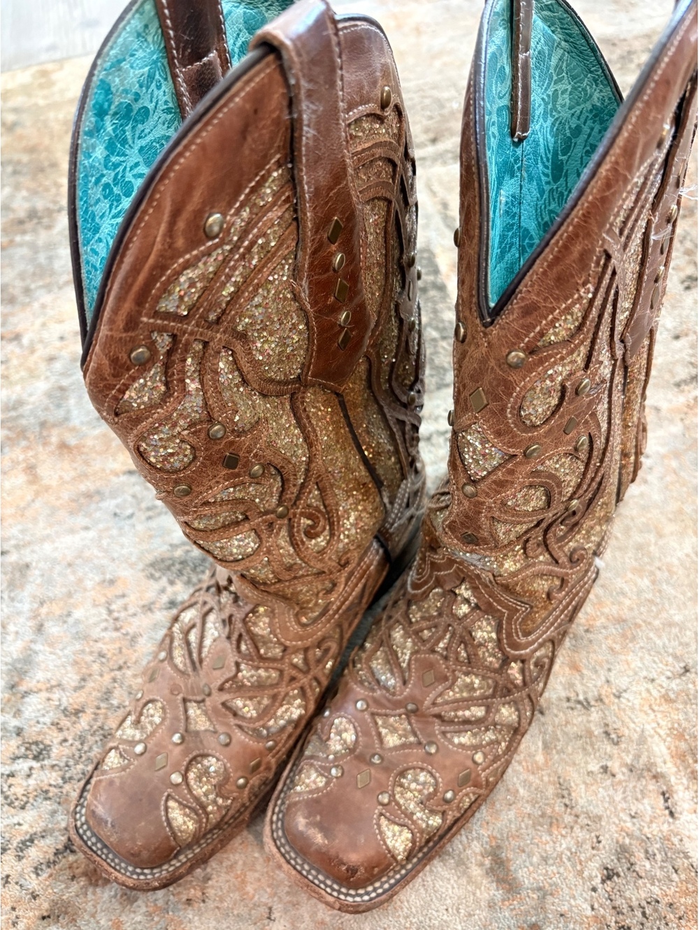 Corral Women's Brown and Gold Glitter Handcrafted Cowboy Boots Size 7.5